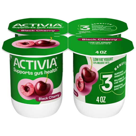 Activia Black Cherry Low Fat Probiotic Yogurt Cups, Helps Support Gut Health, 4 oz, 4 Count