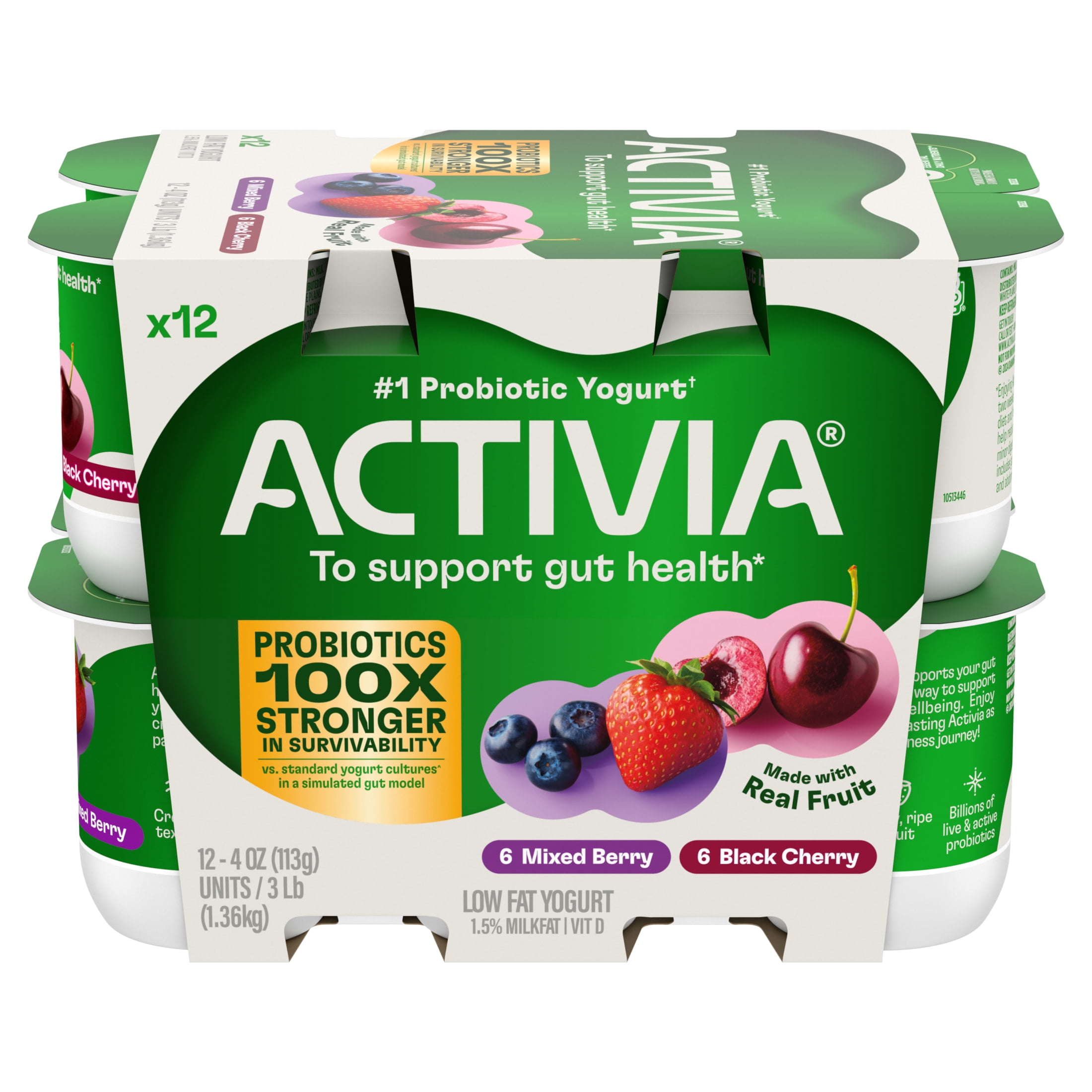Activia Black Cherry and Mixed Berry Low Fat Probiotic Yogurt Cups Variety Pack, Helps Support Gut Health, 4 oz, 12 Count