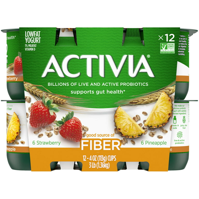 Activia Fiber Strawberry and Pineapple Probiotic Yogurt, Probiotic Lowfat  Yogurt Cups, Variety Pack, 4 oz, 12 Count
