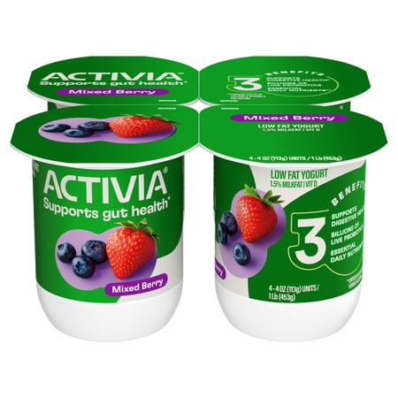 Activia Mixed Berry Low Fat Probiotic Yogurt Cups, Helps Support Gut Health, 4 oz, 4 Count
