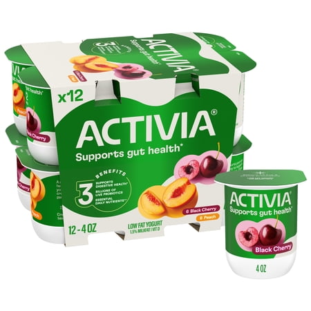 Activia Peach and Black Cherry Low Fat Probiotic Yogurt Cups Variety Pack, Helps Support Gut Health, 4 oz, 12 Count