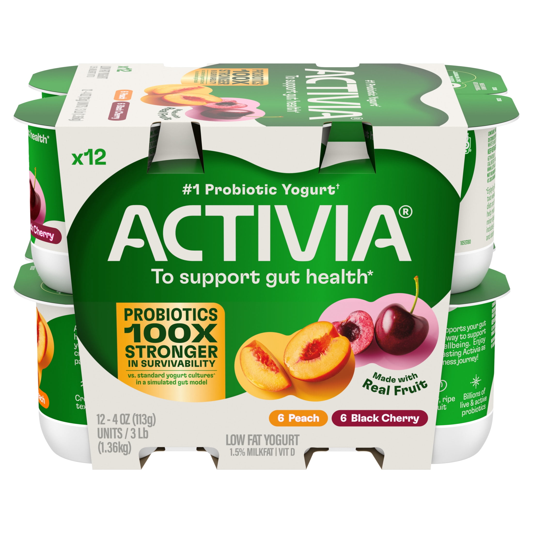 Activia Peach and Black Cherry Low Fat Probiotic Yogurt Cups Variety Pack, Helps Support Gut Health, 4 oz, 12 Count