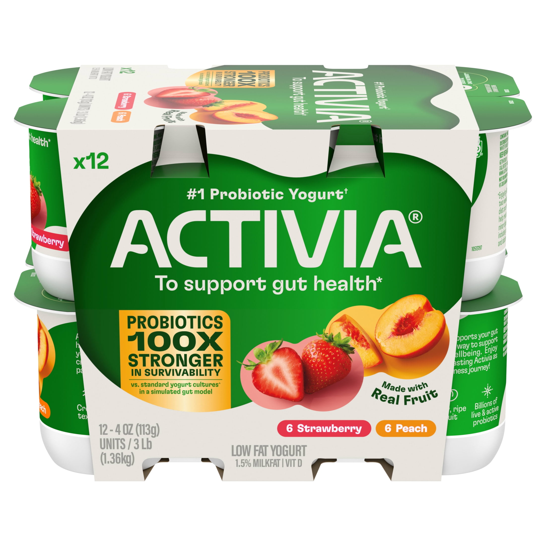 Activia Peach and Strawberry Low Fat Probiotic Yogurt Cups Variety Pack, Helps Support Gut Health, 4 oz, 12 Count
