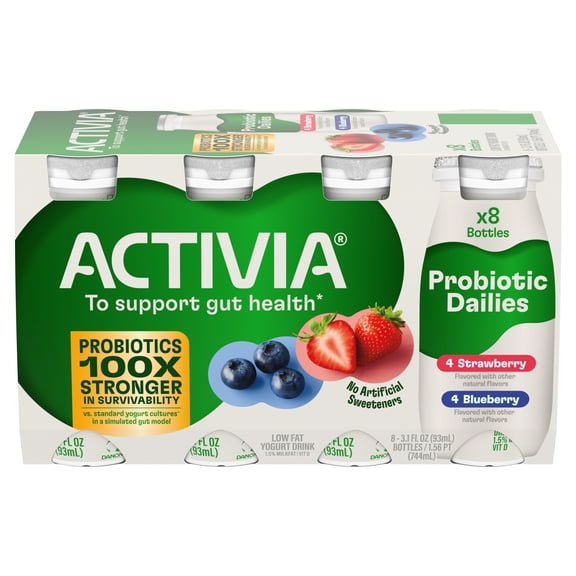Activia Probiotic Dailies Strawberry and Blueberry Low Fat Probiotic Yogurt Drinks, Helps Support Gut Health, 3.1 fl oz, 8 Count