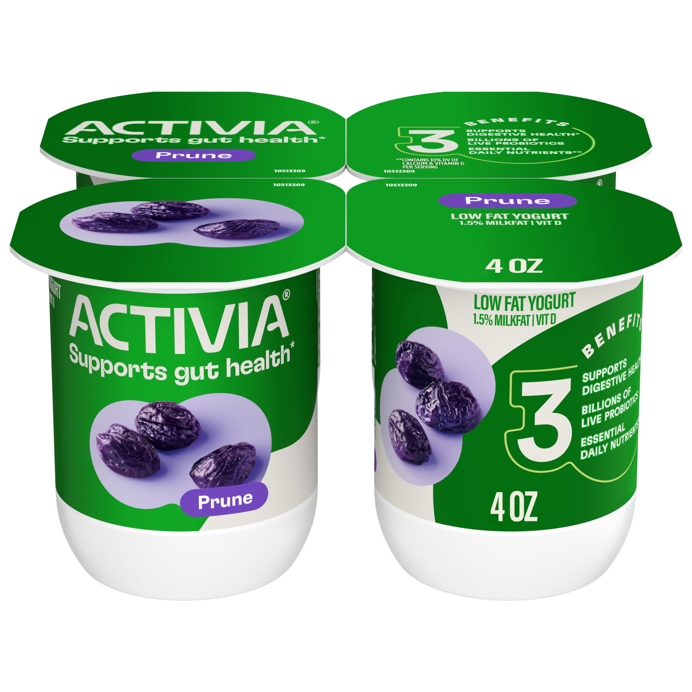 Activia Prune Low Fat Probiotic Yogurt Cups, Helps Support Gut Health, 4 oz, 4 Count