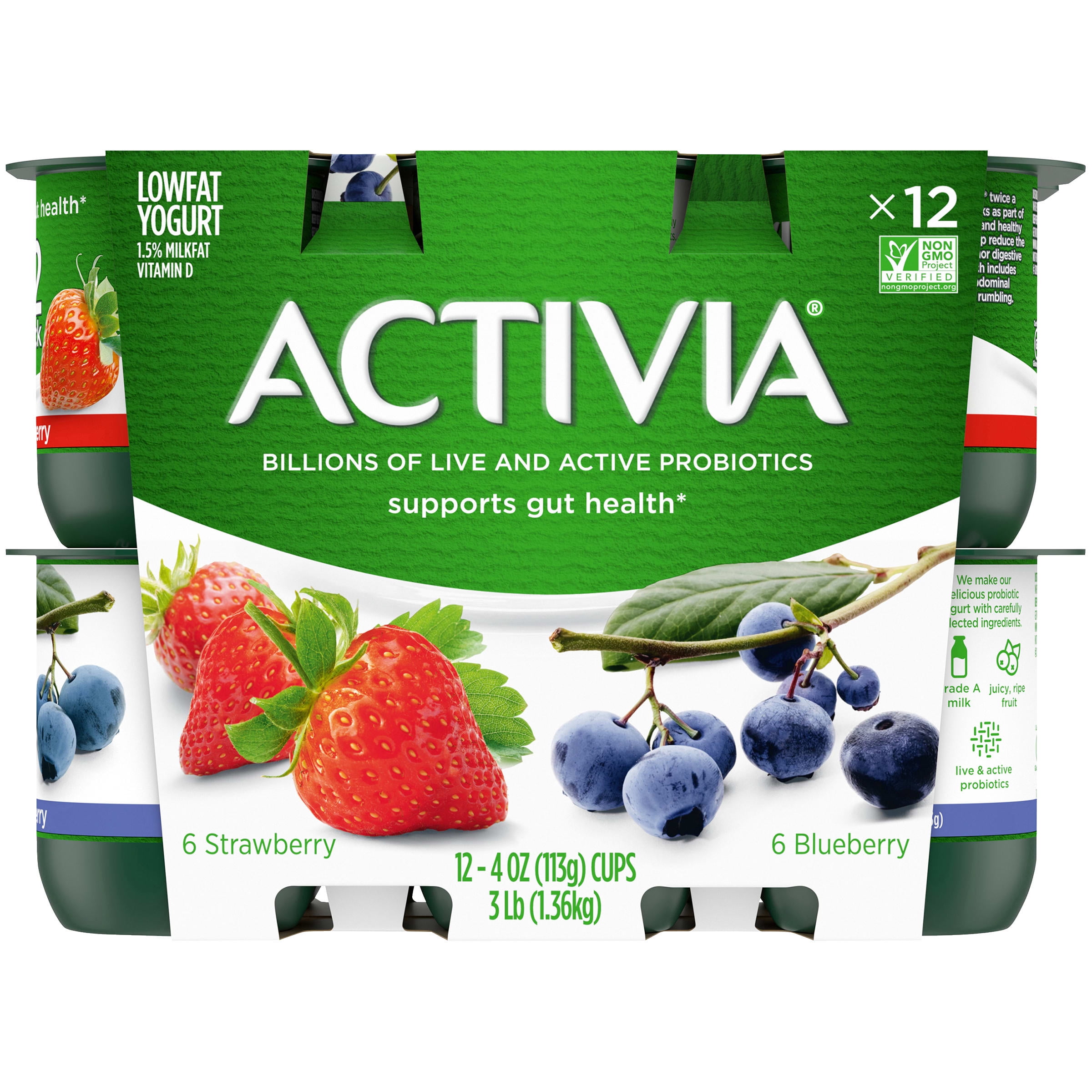 Cups, Yogurt Lowfat 12 and oz, Probiotic Count Yogurt, 4 Activia Blueberry Strawberry