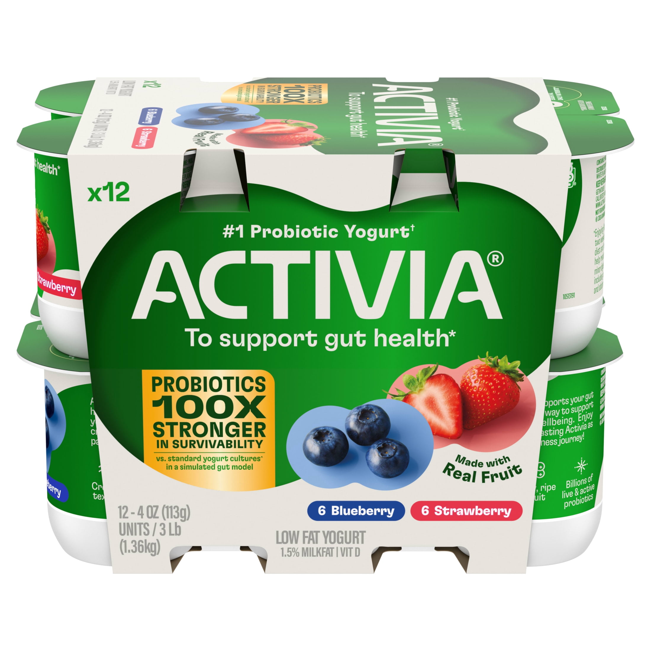 Activia Strawberry and Blueberry Low Fat Probiotic Yogurt Cups Variety Pack, Helps Support Gut Health, 4 oz, 12 Count