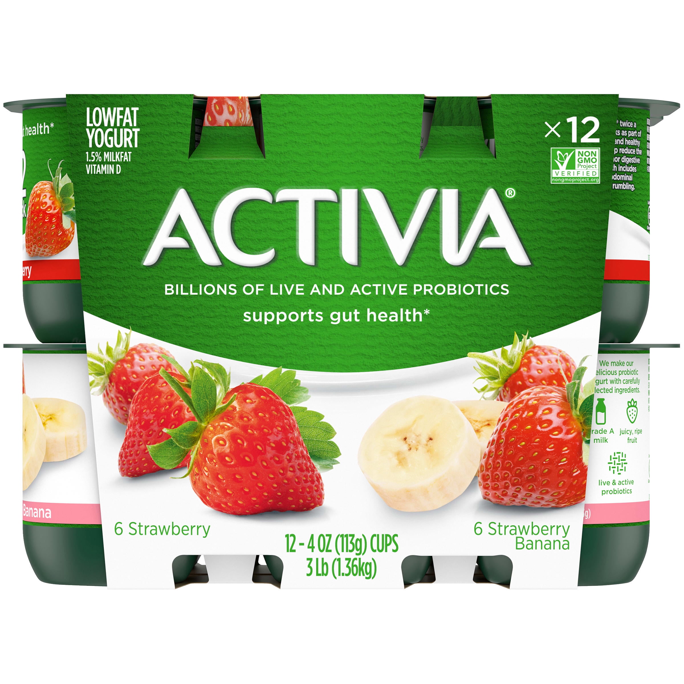 Activia Fiber Strawberry and Pineapple Probiotic Yogurt, Probiotic Lowfat  Yogurt Cups, Variety Pack, 4 oz, 12 Count 