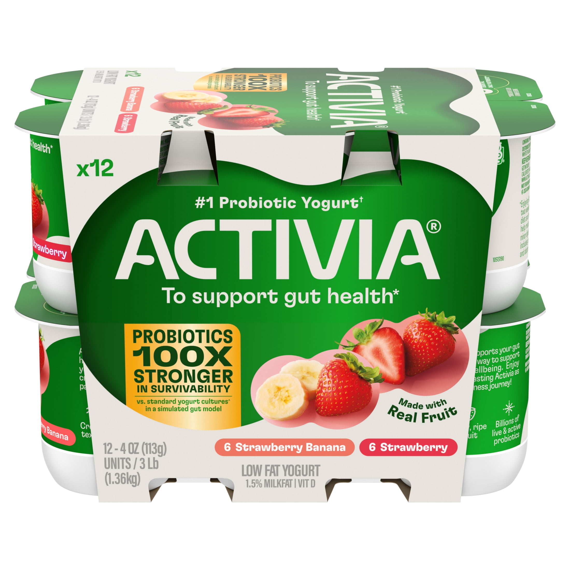 Activia Strawberry and Strawberry Banana Low Fat Probiotic Yogurt Cups Variety Pack, Helps Support Gut Health, 4 oz, 12 Count
