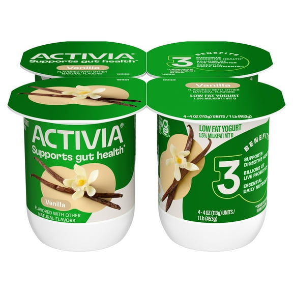 Activia Vanilla Low Fat Probiotic Yogurt Cups, Helps Support Gut Health, 4 oz, 4 Count