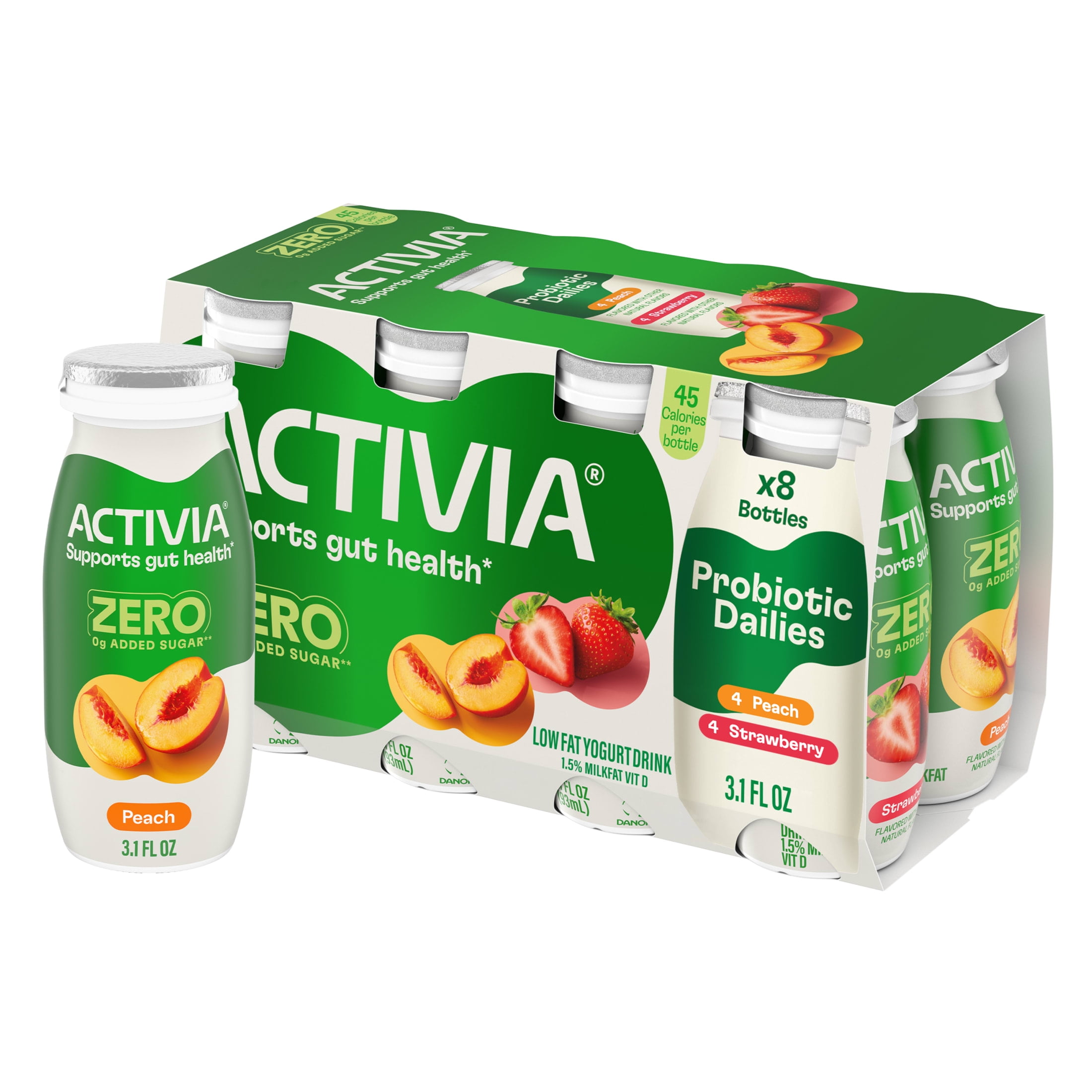 Activia ZERO 0g Added Sugar Peach and Strawberry Probiotic Dailies Low Fat Yogurt Drinks, Helps Support Gut Health, 3.1 fl oz, 8 Count