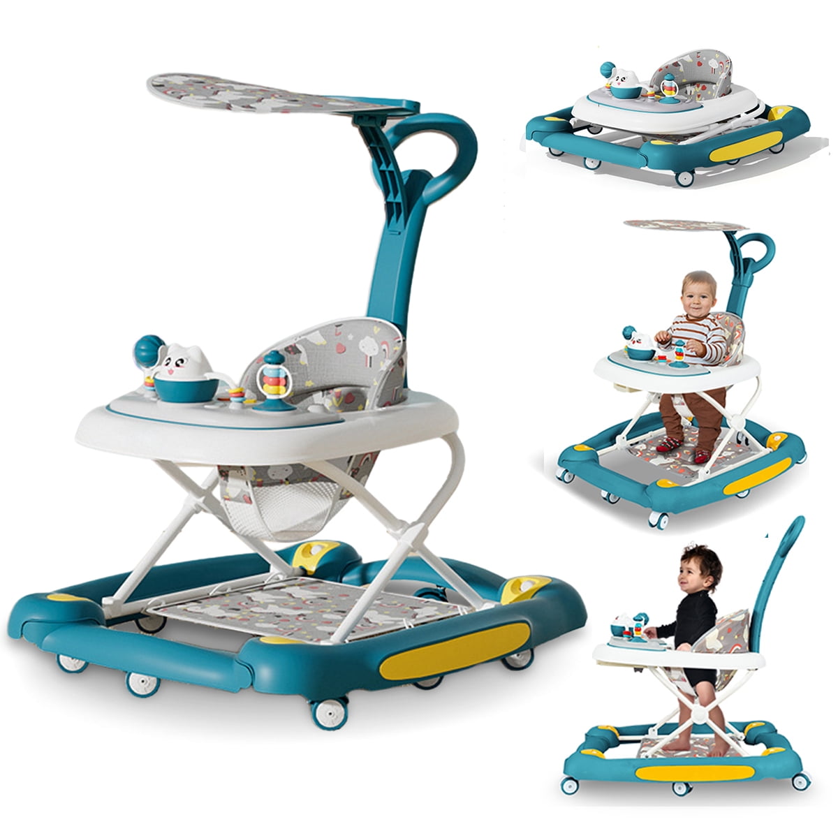 Activity Baby Walker for Girls and Boys, 5-in-1 Baby Walker with Music Toys, Height Adjustable, Green