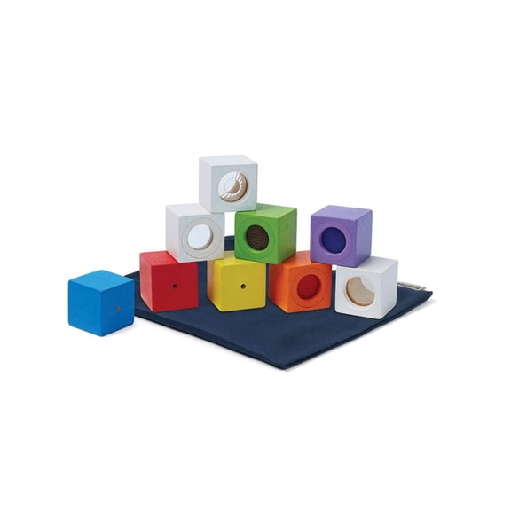 PlanToys Sensory Activity Blocks for Toddlers 9-Piece Set with Visual, Auditory & Tactile Stimuli Montessori Toy with Storage Bag Wooden Learning Toy for Babies & Kids Ages 12 Months+
