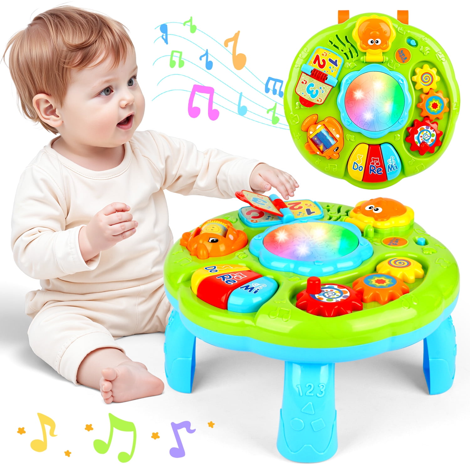 Carsky Baby Musical Activity Table, Light & Sound Learning Drum Toy with Piano, Flip Book & Animal Mirror, Multifunction Toddler Play Center for 6-24 Months Boys Girls Birthday ChristmasToy Gifts