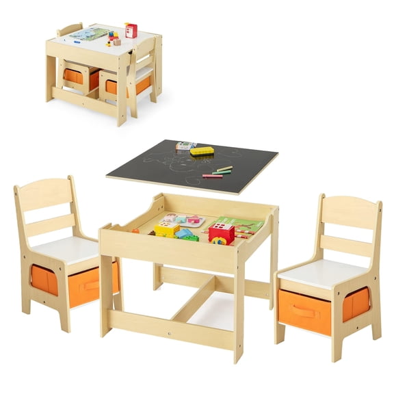 Activity Table and Chairs Set, 3 in 1 Wooden Play Desk with Storage, Reversible Chalkboard for Crafts Drawing Reading,Furniture for Playroom(Natural)