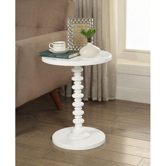 Acton White Finish Accent Table with Round Pedestal and Turned Pedestal Base