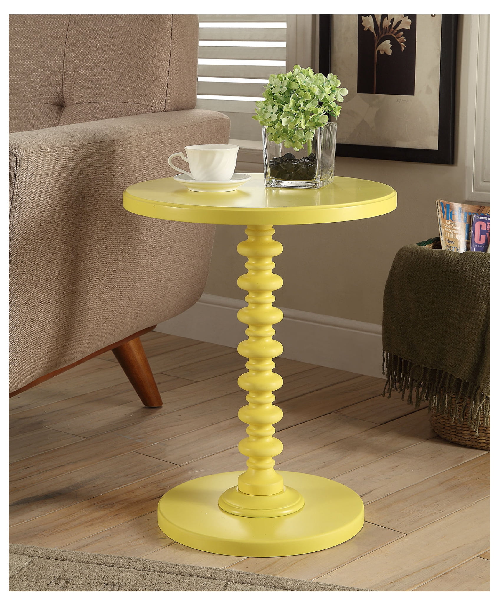 Acton Yellow Accent Table - Round Pedestal Side Table, Solid Wood Legs ...