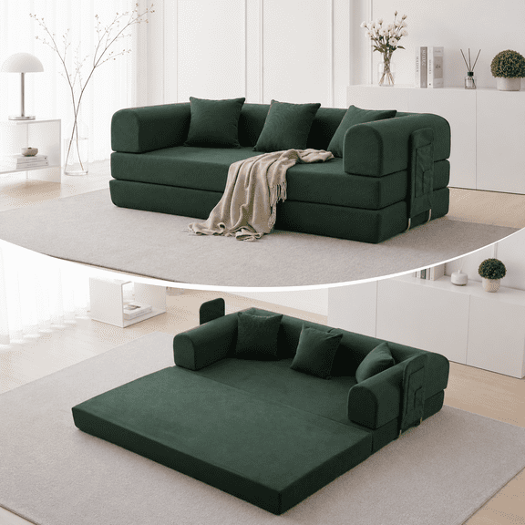 Actoroom 79" Convertible Sofa Bed with Side Storage Pocket, Corduroy Boneless Couch for Living Room, Green