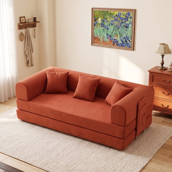 Actoroom 79" Convertible Sofa Bed with Side Storage Pocket, Corduroy Boneless Couch for Living Room, Orange