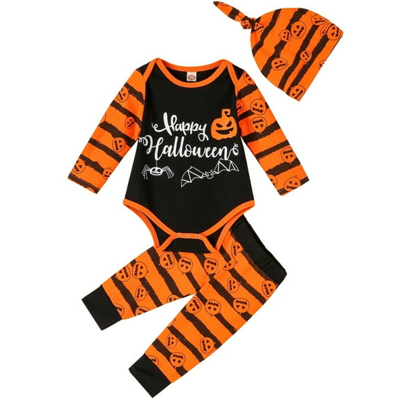 Actoyo 3Pcs Newborn Halloween Outfit Baby Boy Girls Pumpkin Costume Romper Pants Hat Set