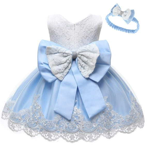 Actoyo Baby Kids Girls Ruffle Lace Backless with Headwear, Bowknot Flower Dresses Pageant Party Wedding Light blue 0-3 Months