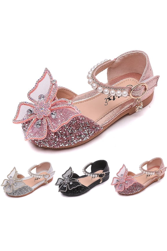 Girls Dress Shoes Big Bow Mary Jane Wedding Flower Bridesmaids Low Heels Glitter Sequins Princess Ballet Flats Shoes Pink for Kids