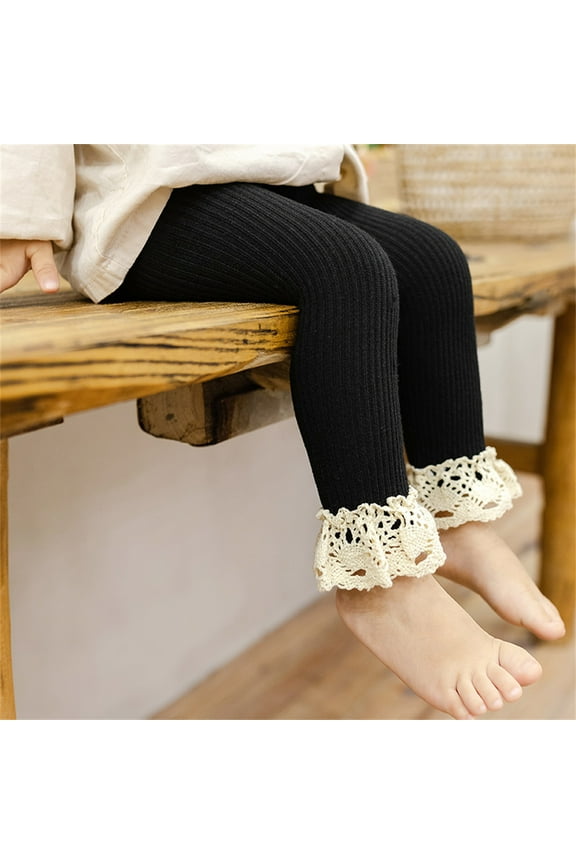 Girls Toddler Baby Lace Ribbed Knit Stretch Leggings Footless Tights Kids Bottom Long Pants Lace Trim Flower Appliqued Black 1-2 Years
