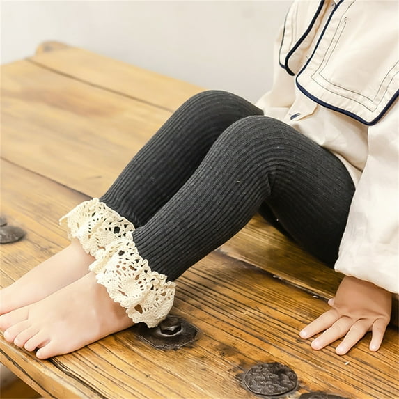 Actoyo Girls Toddler Baby Lace Ribbed Knit Stretch Leggings Footless Tights Kids Bottom Long Pants Lace Trim Flower Appliqued Dark gray 0-12 Months