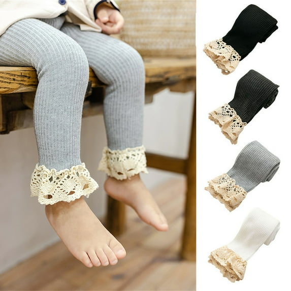 Actoyo Girls Toddler Baby Lace Ribbed Knit Stretch Leggings Footless Tights Kids Bottom Long Pants Lace Trim Flower Appliqued Light gray 2-4 Years