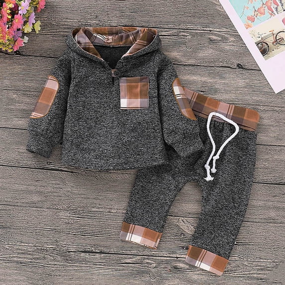 Actoyo Infant Baby Boys Outfits Clothes Plaid Pocket Hooded Sweatshirt Coat Tops+Pants Toddler Clothing Set