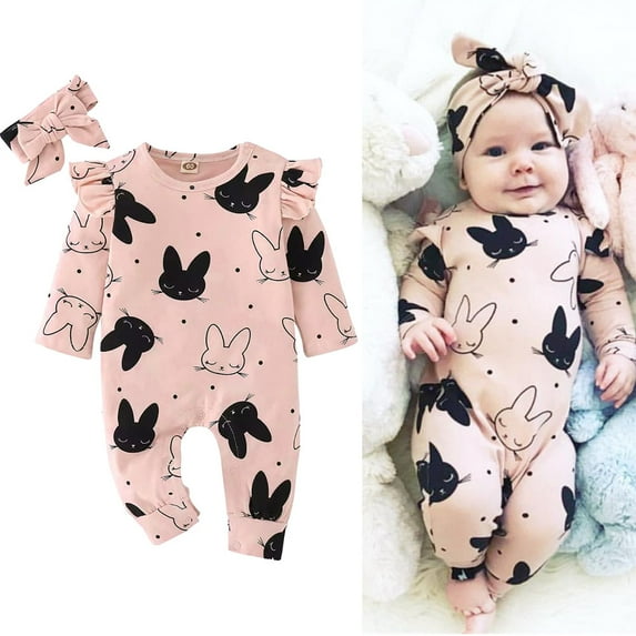 Actoyo Infant Baby Girl Rabbit Long Sleeve Romper + Headband Easter Outfits Set 0-2T