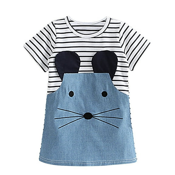 Actoyo Kids Girls Cotton Short Sleeve Striped Cartoon Mouse Casual Summer Dress