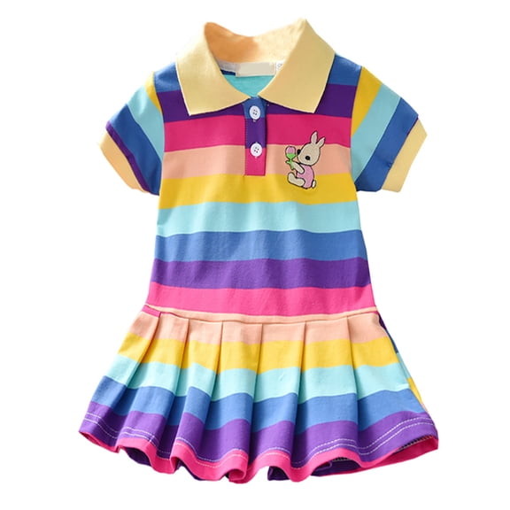 Actoyo Kids Little Girl Cartoon Bunny Stripe Short Sleeve Dress Rainbow Skirt Size 1-6Years