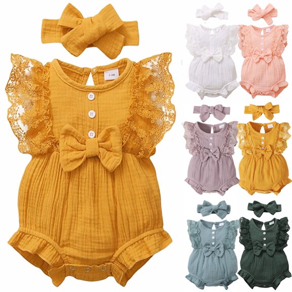 Actoyo Newborn Baby Girl Princess Lace Romper Clothes Bodysuit Headband Summer Outfits
