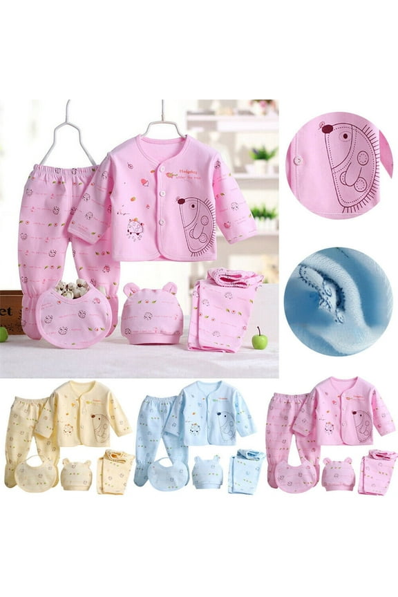 Newborn Baby Girls 5 Piece Layette Set- Bodysuit Pants Hat Bib, Christmas Gift Pink 0-3 Months