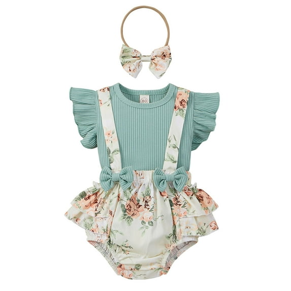 Actoyo Summer Toddler Baby Girls Flower 4Pcs Set Flying Sleeve Tops + Suspender Shorts + Headband Set