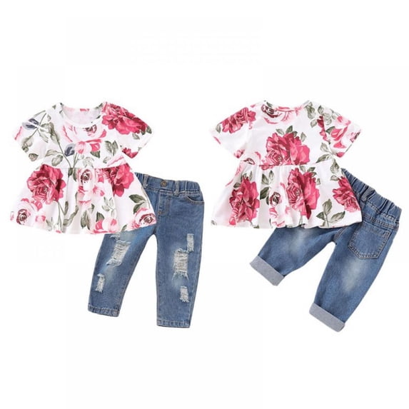 Actoyo Summer Toddler Kids Girl Clothes Ruffle Floral Tops +Jeans 2Pcs Outfits 1-4Years