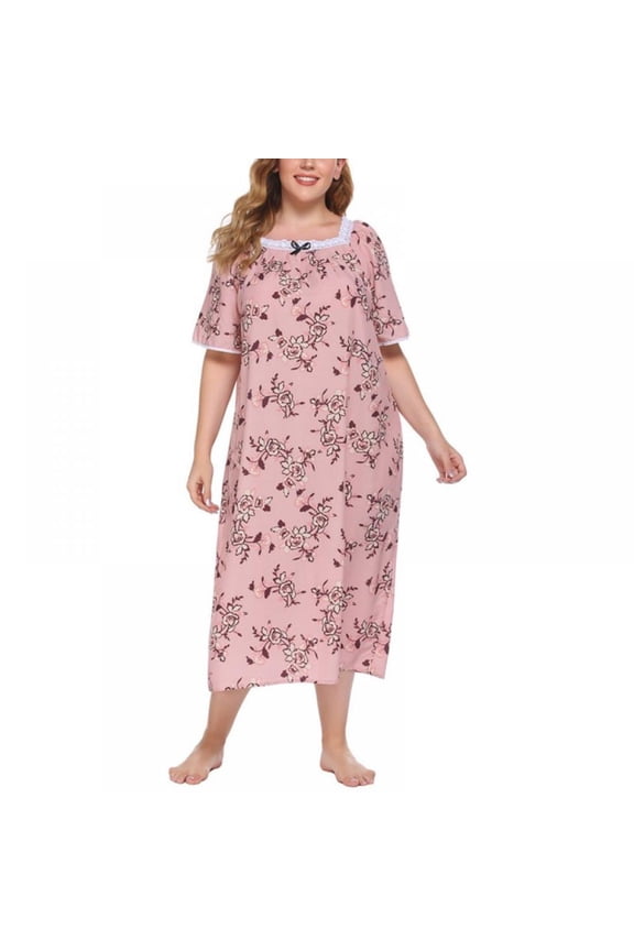 Women's Plus Size Cotton Nightgown Short Sleeve Round Sleepwear Pajamas Nightshirt