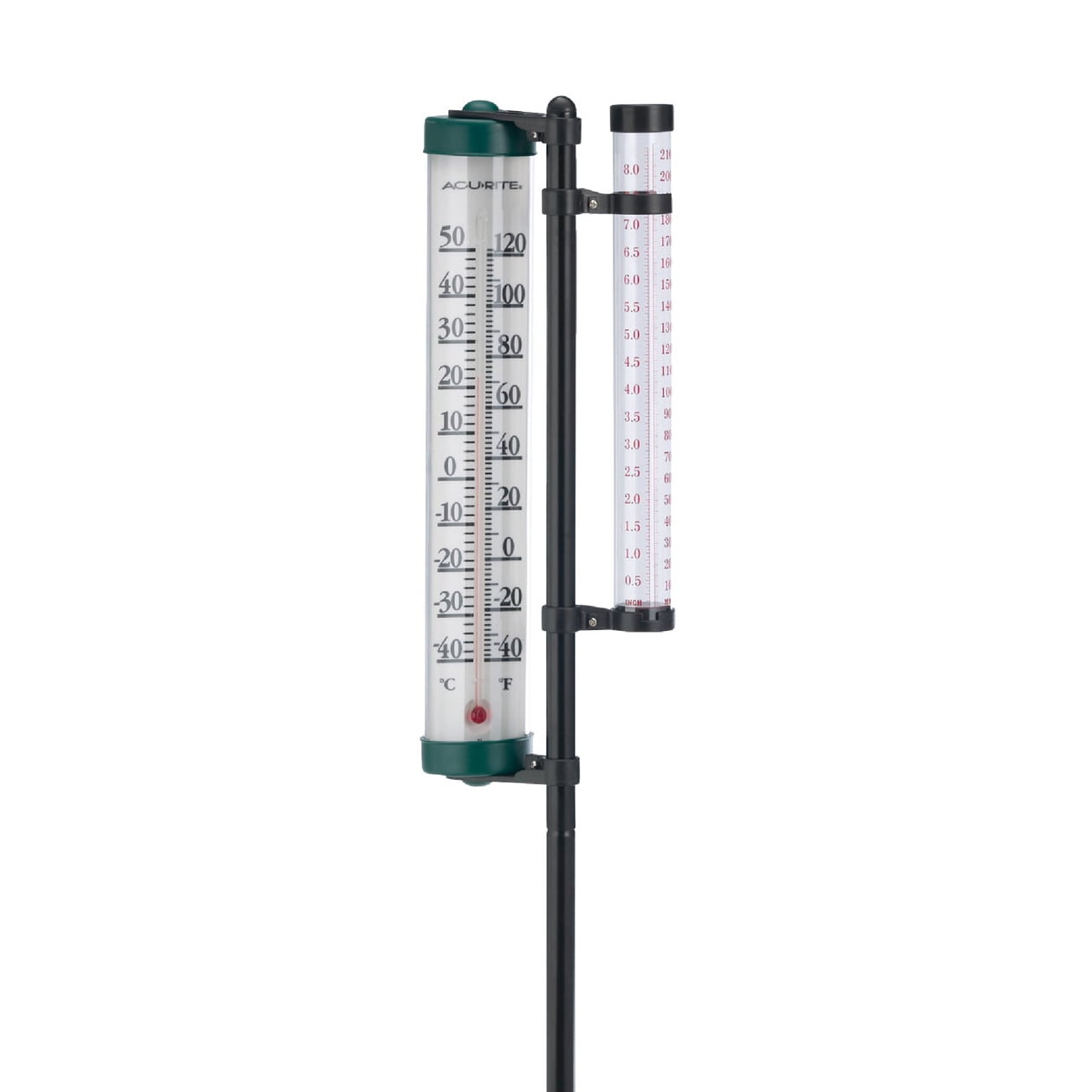 42" Black Metal Rain Gauge and Thermometer Combo