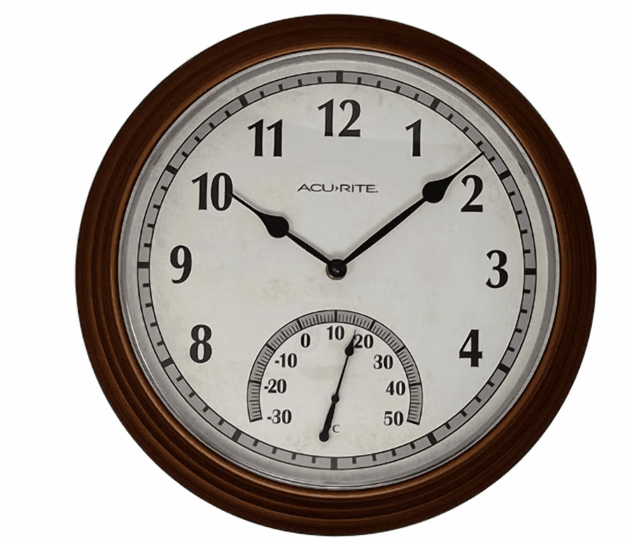 AcuRite 02368CAL: 13.5-Inch Indoor/Outdoor Round Analog Clock & Thermometer, All-Weather Frame, Copper Finish, Quartz Timekeeping