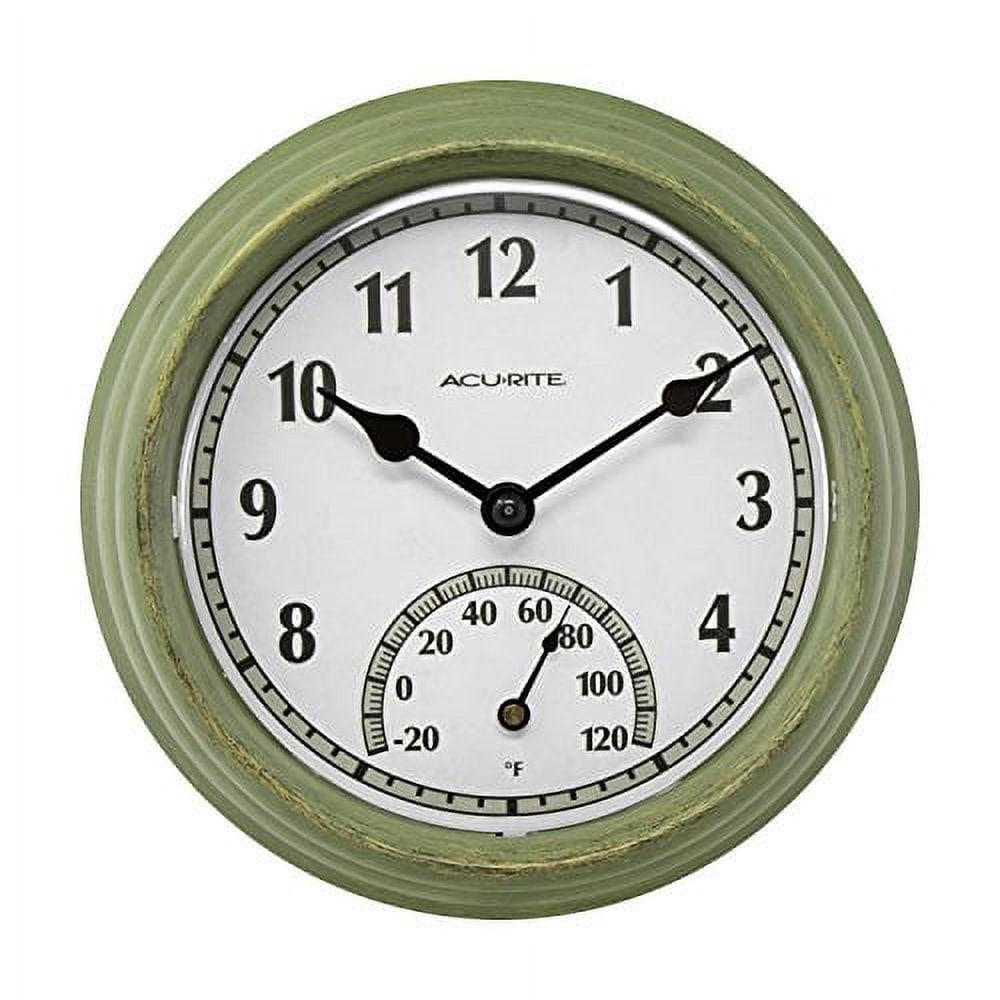 Rustic Green 8.5" Outdoor Analog Wall Clock with Thermometer