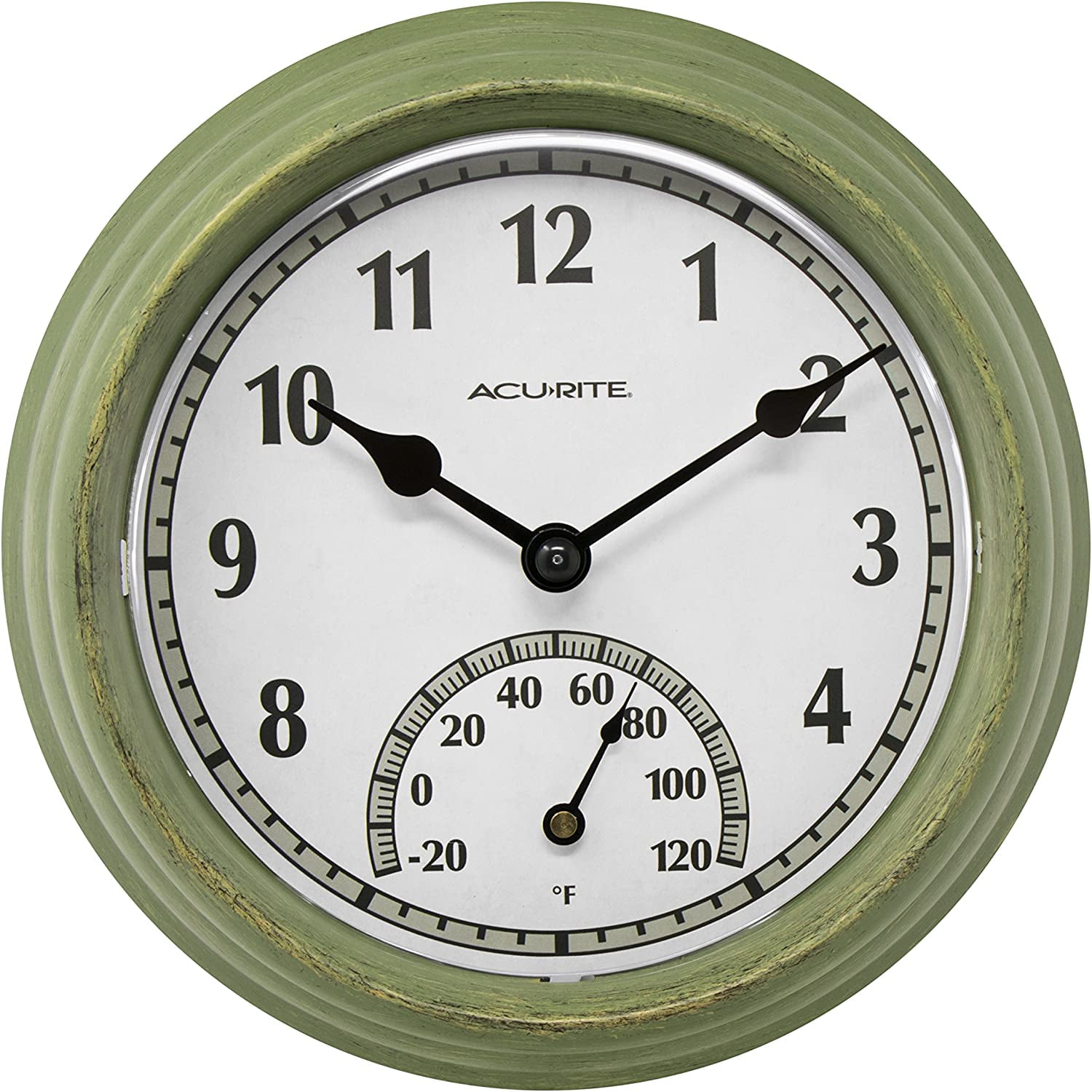 Rustic Green 8.5" Outdoor Analog Wall Clock with Thermometer