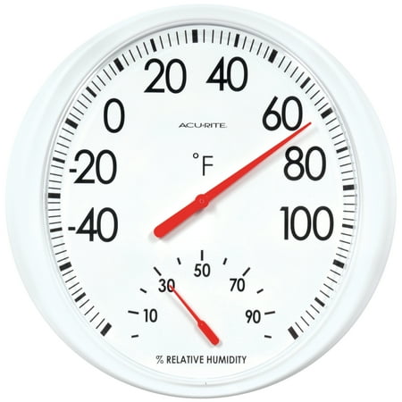 acurite 13.5" white thermometer with humidity gauge; 13.5 x 14.5 x 1.8, not battery powered, plastic, 1 unit