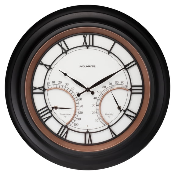 AcuRite 24-inch, LED-Illuminated Outdoor Wall Clock with Thermometer/Humidity Sensor, Roman Numerals, Metal Frame, and Glass Lens (75022M)
