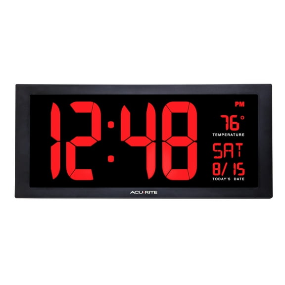 AcuRite 75100MA1 Oversized Red LED Clock with Indoor Temperature, Date and Fold-Out Stand, 18 Inch