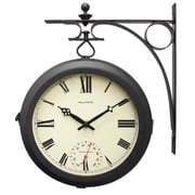 AcuRite 9-Inch Indoor/Outdoor Double-Sided Clock with 360-Degree Spin, Iron Metal Frame, Glass Lens, Quartz Crystal Movement, and Thermometer 75140M