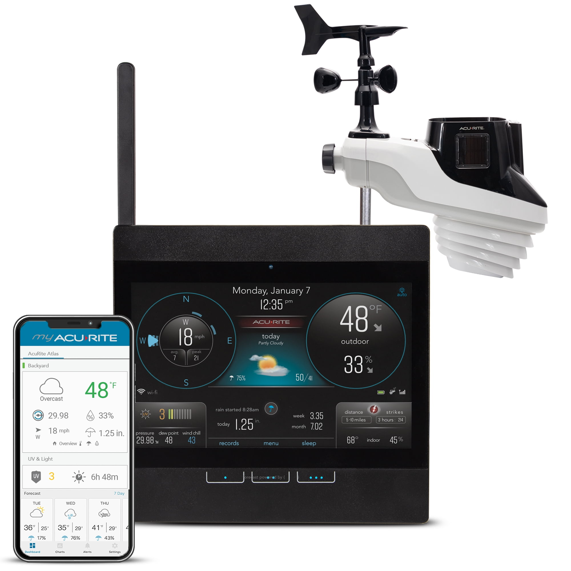 AcuRite Atlas Weather Station with Direct-to-Wi-Fi Display for Indoor/Outdoor Temperature and Humidity, Wind Speed/Direction, Rainfall, UV Index, and Light Intensity with Built-in Barometer (01002M)