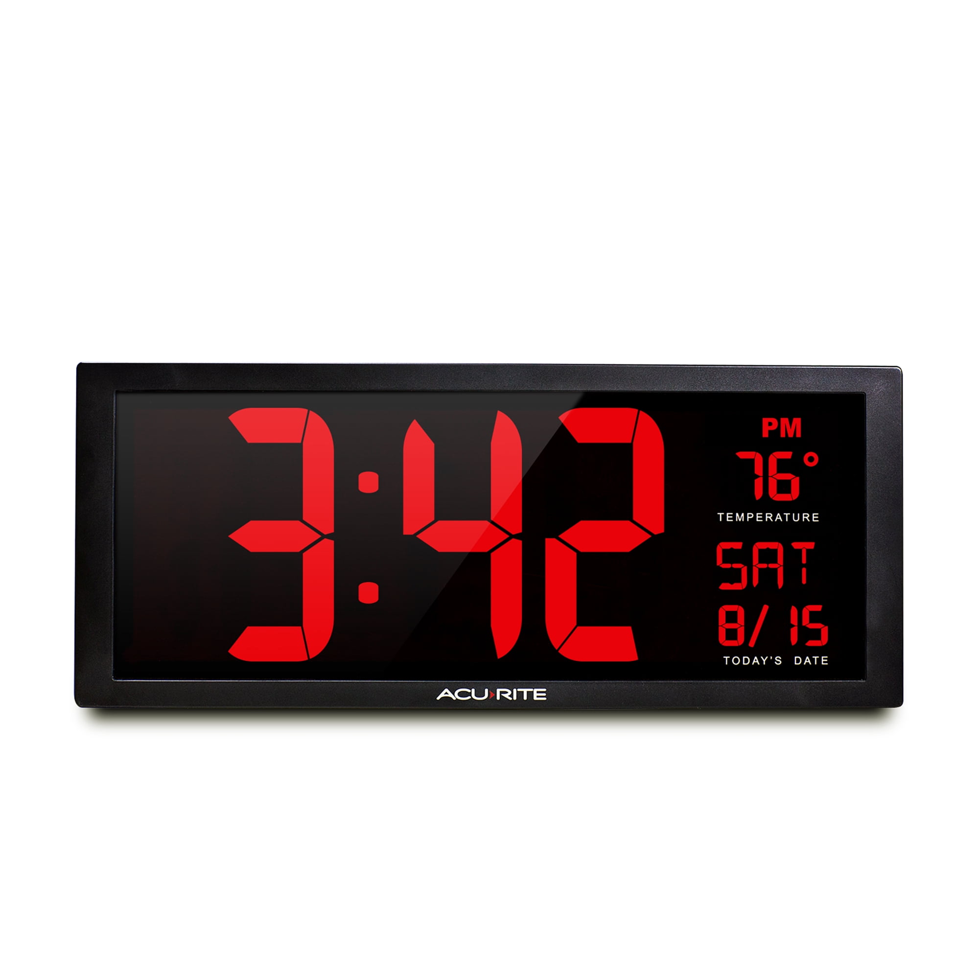 AcuRite Large 14.5" Digital LED Oversized Wall Clock with Date, Temperature and Fold-Out Stand, Red