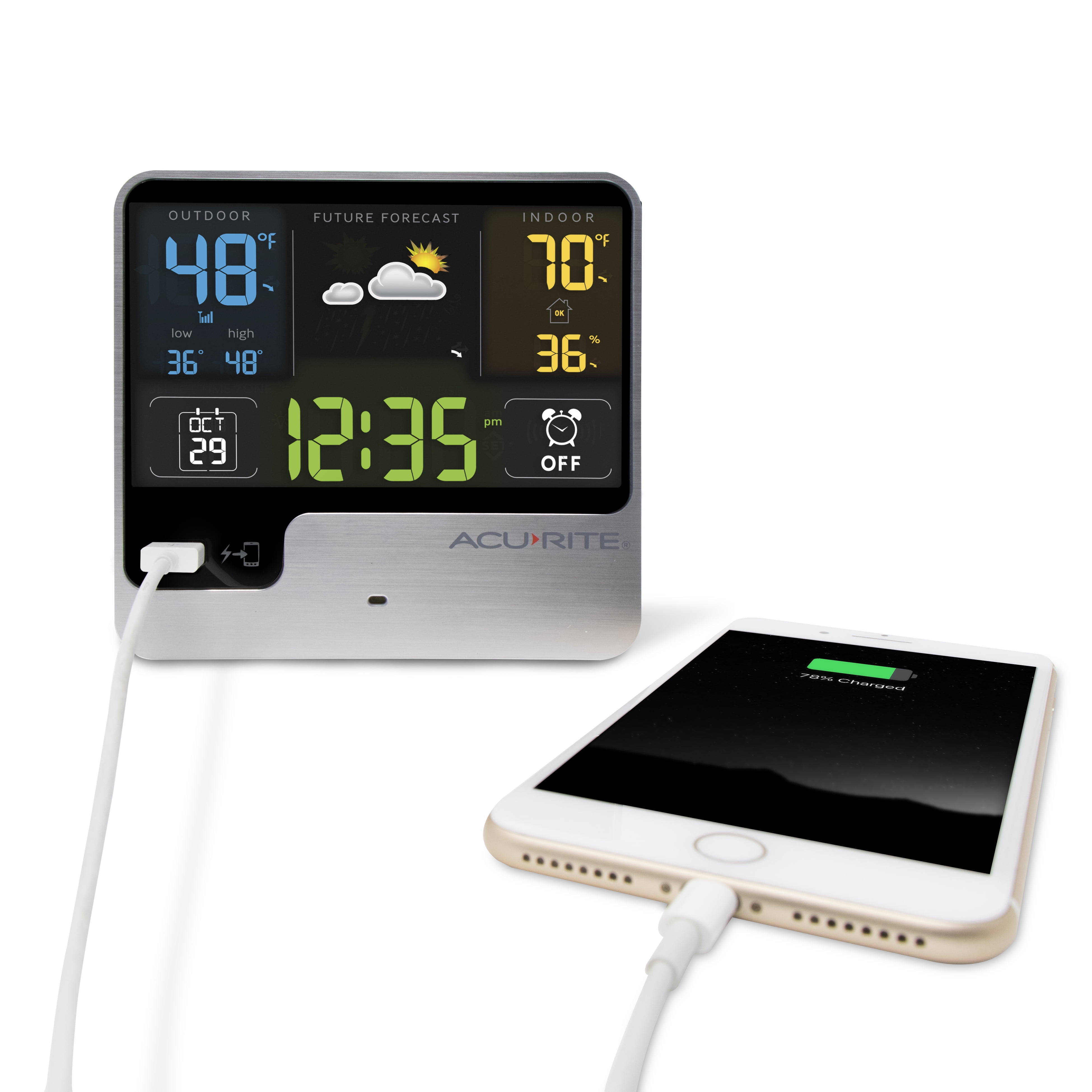 AcuRite Intelli-Time Alarm Clock Weather Station with Indoor and Outdoor Temperature, Indoor Humidity, Hyperlocal Forecast, Calendar, and USB Charging Port (01129M)