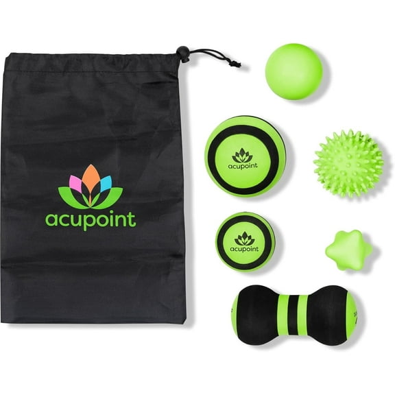 Acupoint Massage Ball Set 6 Physical Therapy Balls for Post Workout Deep Tissue Trigger Point Myofascial Release Lacrosse Ball Peanut Ball Spiky Ball Hand Therapy Ball Lg & Sm Foam Balls (Green)